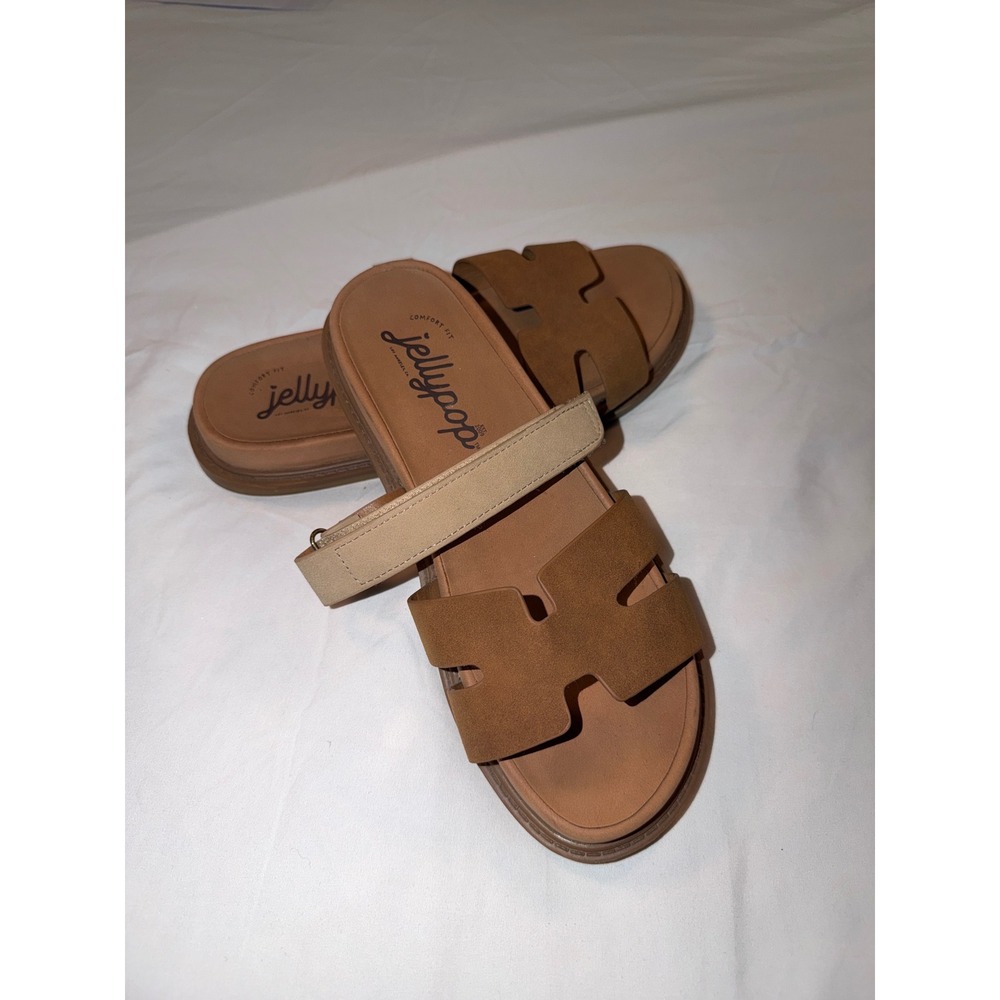 Jellypop Comfort Fit Womens 8M Tan Brown H-Strap Adjustable Slide Sandals
